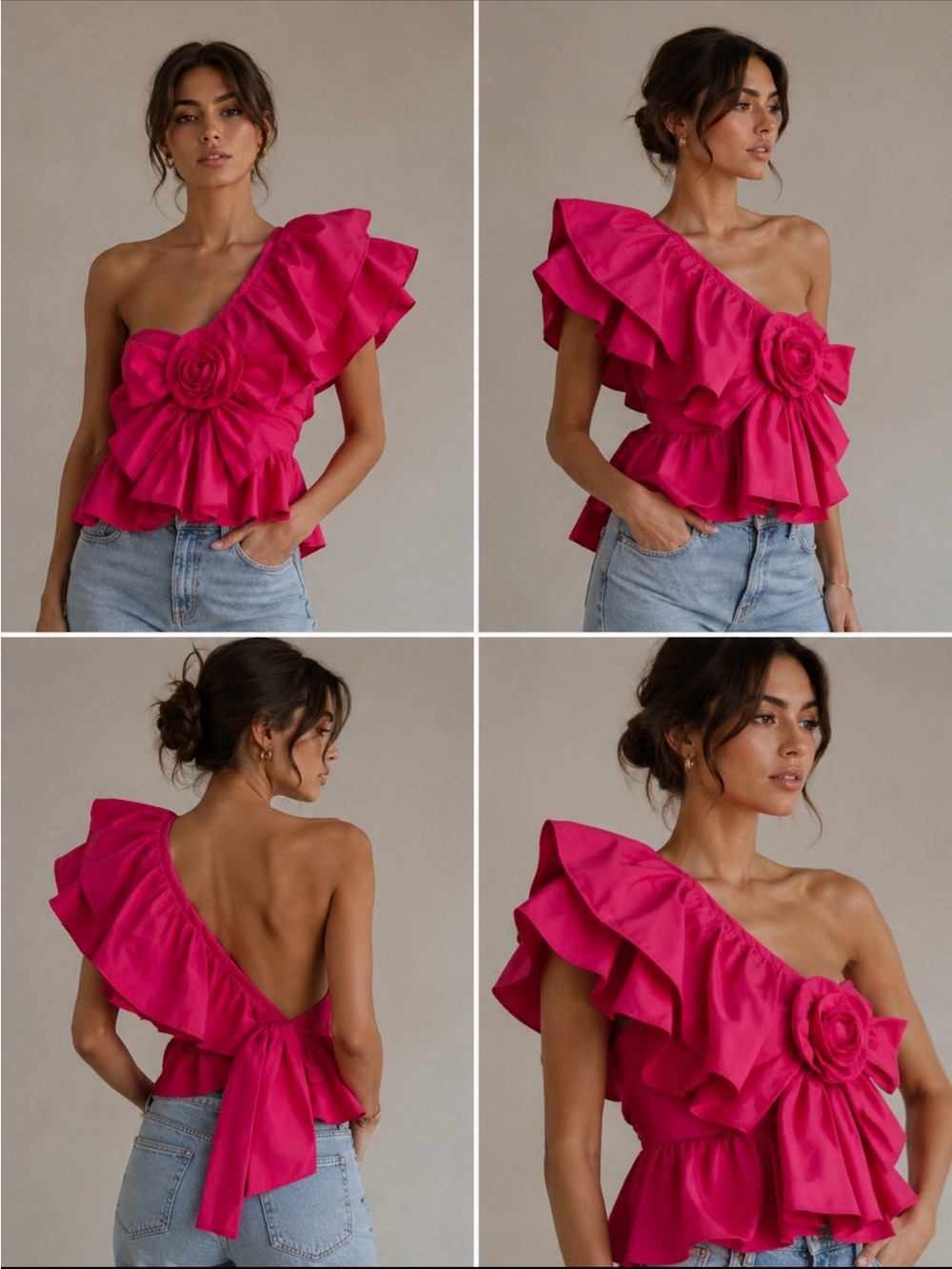 Zara Vibrant Pink Satin One-Shoulder Top with Rosette